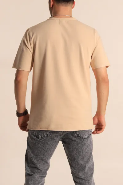 Bej İki İp Yırtık Yaka Detaylı Basic Erkek Tişört 261490