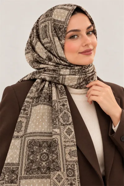 Bej İthal Çift Tarafı Baskılı Yumuşak Dokulu Etnik Desenli Kadın Şal 90x180 cm 498750