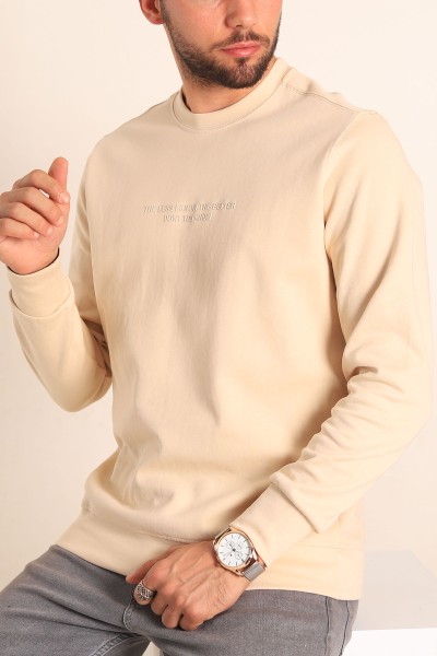 Bej Kabartma Yazılı Bisiklet Yaka Erkek Sweatshirt 204808