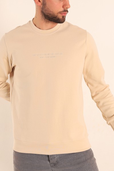 Bej Kabartma Yazılı Bisiklet Yaka Erkek Sweatshirt 204808