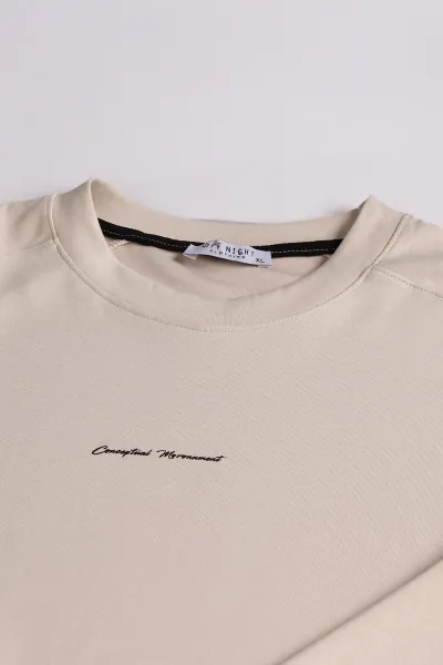 Bej Kabartma Yazılı Bisiklet Yaka Erkek Sweatshirt 396891