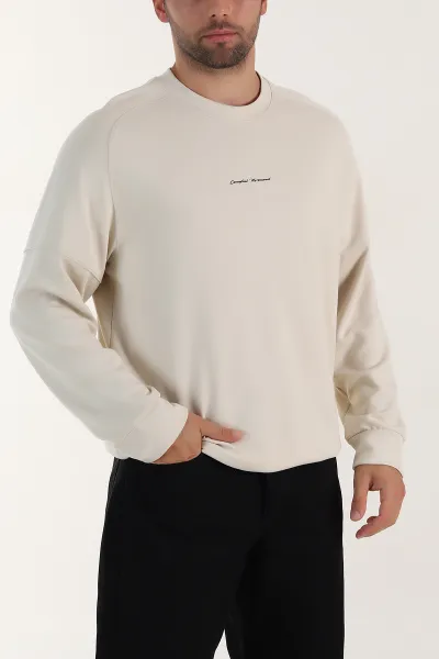 Bej Kabartma Yazılı Bisiklet Yaka Erkek Sweatshirt 396891