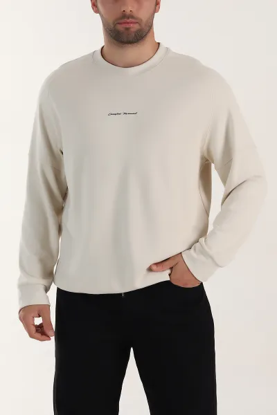 Bej Kabartma Yazılı Bisiklet Yaka Erkek Sweatshirt 396891