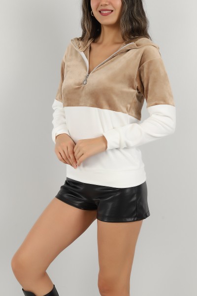 Bej Kadife Yarım Fermuarlı Sweat 147293