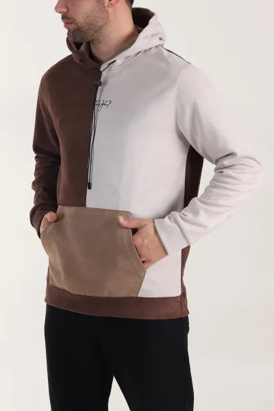 Bej Kahverengi Kapüşonlu Yazı Detaylı Cepli Erkek Sweatshirt 413639
