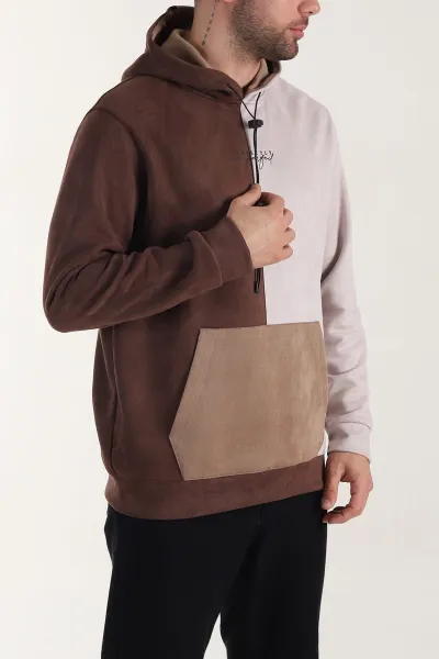 Bej Kahverengi Kapüşonlu Yazı Detaylı Cepli Erkek Sweatshirt 413639
