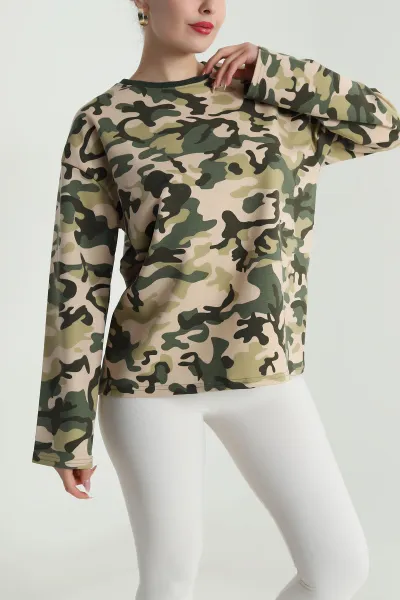 Bej Kamuflaj Desen Likralı Kadın Sweat 491892