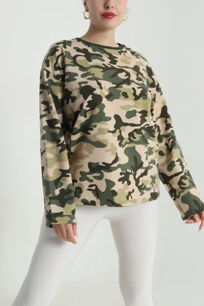 Bej Kamuflaj Desen Likralı Kadın Sweat 491892