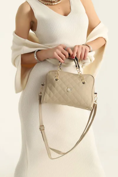 Bej Kapitone Fermuarlı Kadın El Kol ve Omuz Çantası 308875