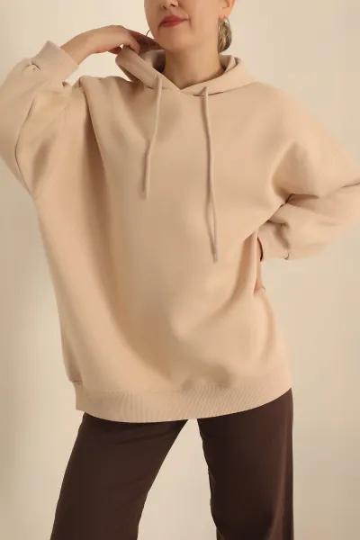 Bej Kapüşonlu İçi Şardonlu Oversize Sweat 229545