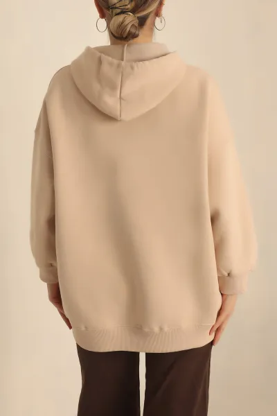 Bej Kapüşonlu İçi Şardonlu Oversize Sweat 229545