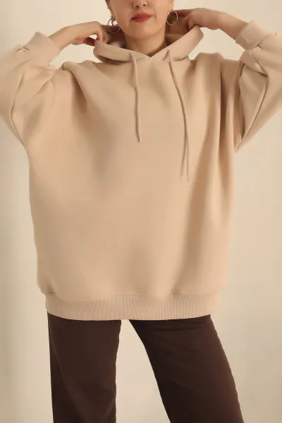 Bej Kapüşonlu İçi Şardonlu Oversize Sweat 229545