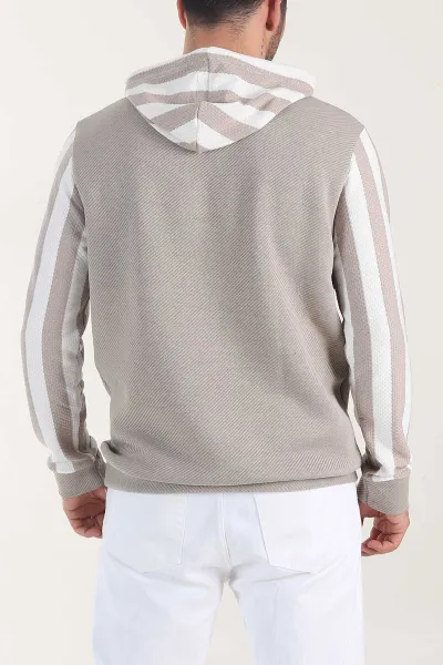 Bej Kapüşonlu Şerit Detaylı Erkek Sweatshirt 408065
