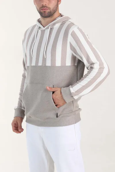 Bej Kapüşonlu Şerit Detaylı Erkek Sweatshirt 408065