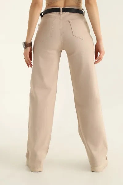 Bej Kemerli Boru Paça Bayan Kot Pantolon 314449