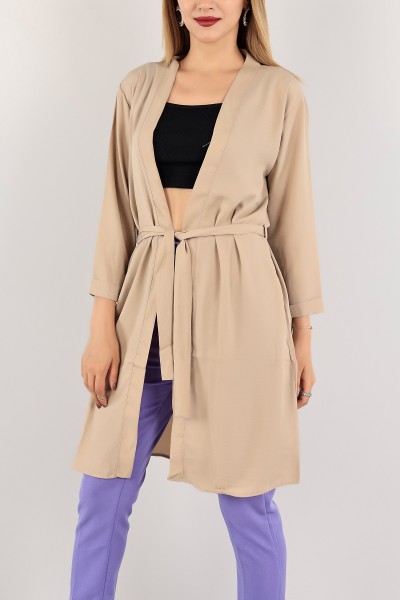Bej Kemerli Duble Kol Kimono Hırka 116411