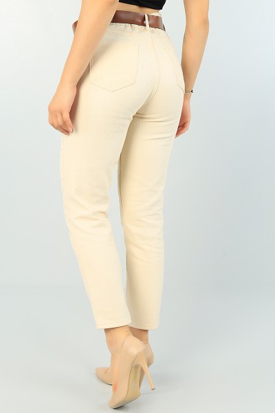 Bej Kemerli Mom Bayan Kot Pantolon 68305