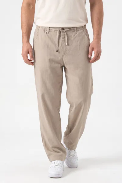 bej-keten-baggy-cizgi-detayli-belden-baglamali-erkek-pantolon-466689