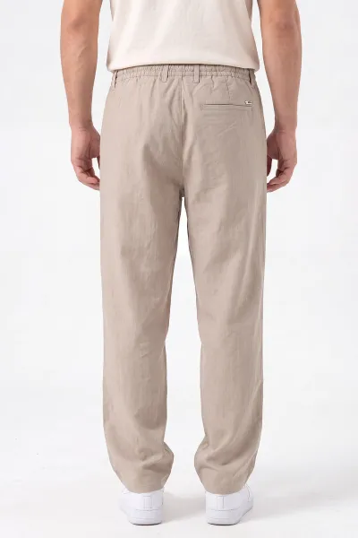 Bej Keten Baggy Çizgi Detaylı Belden Bağlamalı Erkek Pantolon 466689
