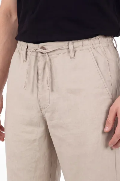Bej Keten Yeni Sezon Baggy Belden Bağlamalı Erkek Pantolon 462733