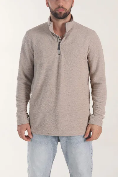 Bej Kırınkıl Kumaş Yarım Fermuarlı Erkek Sweatshirt 406824