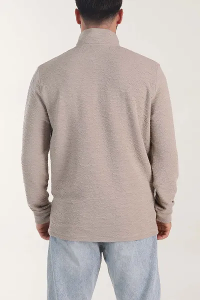 Bej Kırınkıl Kumaş Yarım Fermuarlı Erkek Sweatshirt 406824