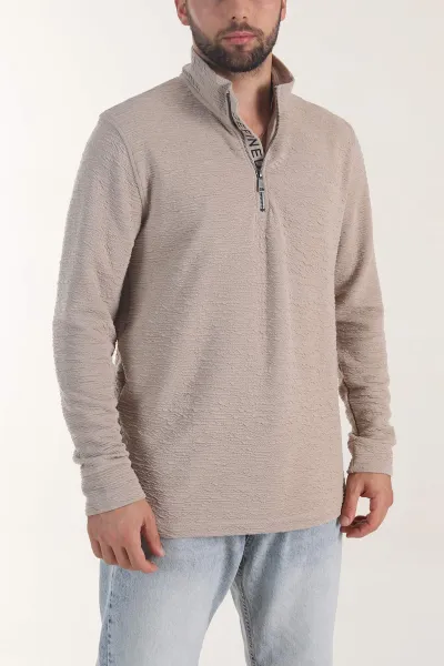 Bej Kırınkıl Kumaş Yarım Fermuarlı Erkek Sweatshirt 406824