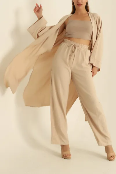 Bej Krinkıl Kimono Pantolon İkili Takım 278673