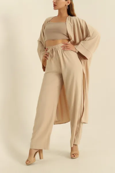 Bej Krinkıl Kimono Pantolon İkili Takım 278673