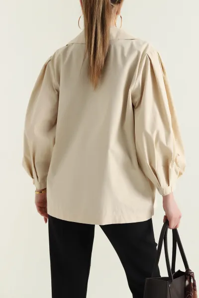 Bej Kruvaze Yaka Oversize Trenç Kumaş Kadın Ceket 429805