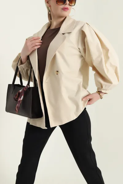 Bej Kruvaze Yaka Oversize Trenç Kumaş Kadın Ceket 429805