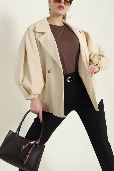Bej Kruvaze Yaka Oversize Trenç Kumaş Kadın Ceket 429805