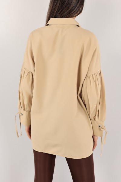 Bej Kuş Gözlü Poplin Kumaş Gömlek Tunik 115973