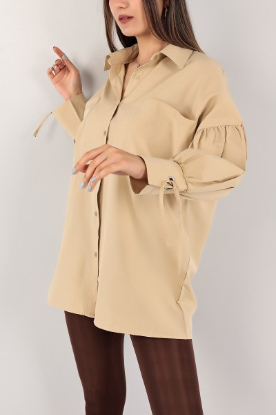 Bej Kuş Gözlü Poplin Kumaş Gömlek Tunik 115973