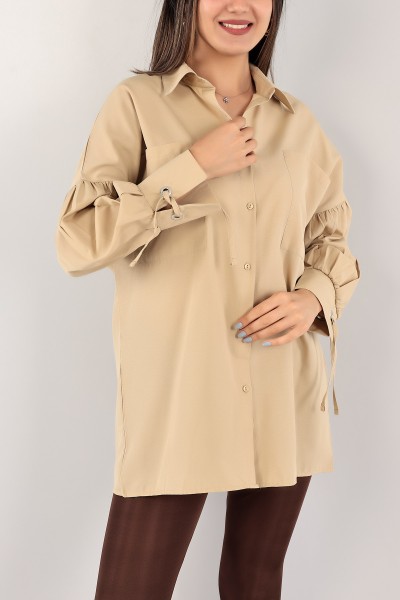 Bej Kuş Gözlü Poplin Kumaş Gömlek Tunik 115973