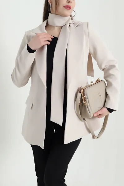 Bej Kuşaklı Dabıl Blazer Kadın Ceket 443906