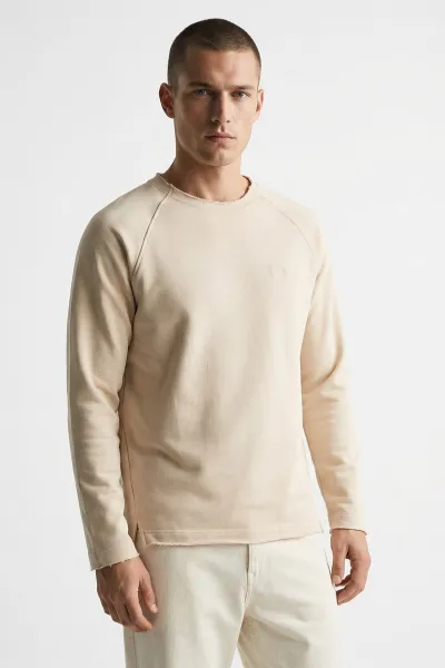 Bej Lazer Kesim Nakışlı Erkek Sweatshirt 422033
