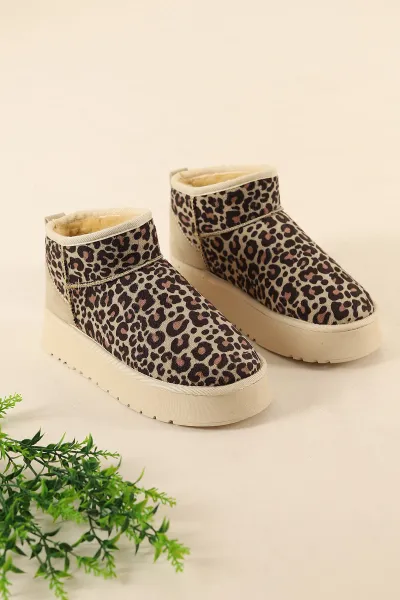 Bej Leopar Desenli Süet Kalın Tabanlı İçi Tüylü Kadın Bot 315445