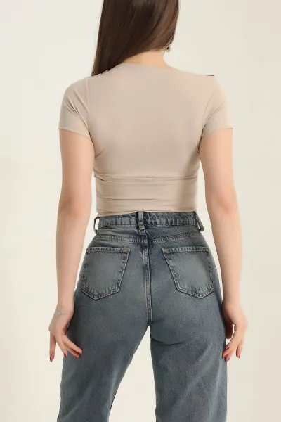 Bej Likralı Büzgülü Sandy Bluz 337391