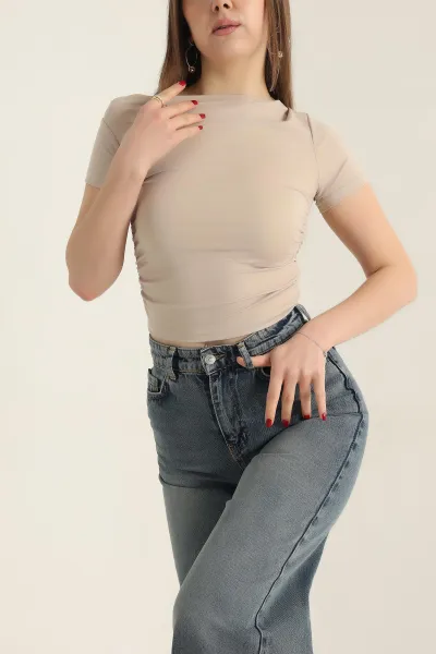 Bej Likralı Büzgülü Sandy Bluz 337391