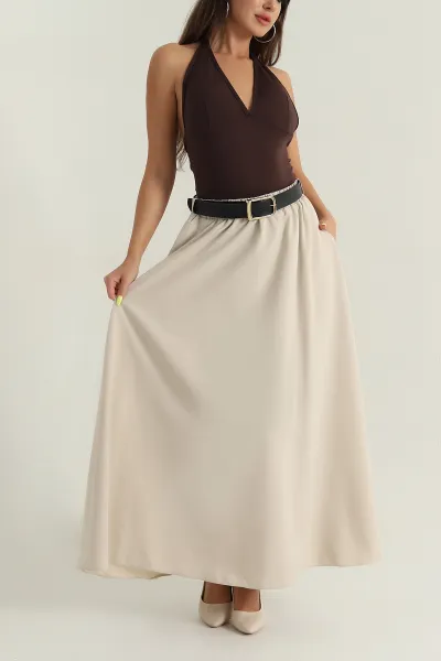 Bej Liza Soft Kemerli Kadın Etek 393114