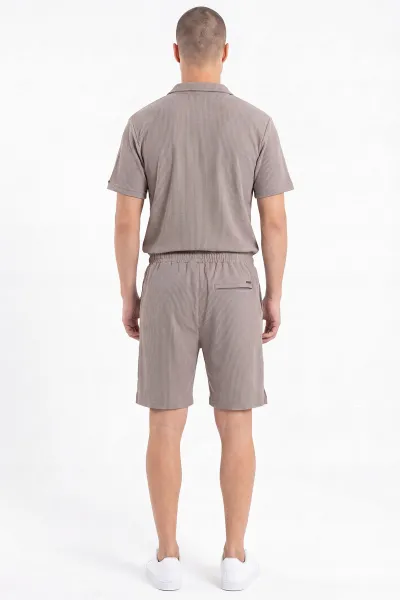 Bej Look Kumaş Yarım Fermuarlı Erkek Şortlu Takım 467645