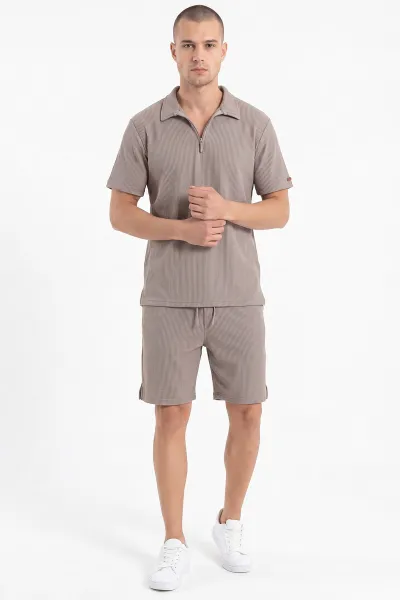 Bej Look Kumaş Yarım Fermuarlı Erkek Şortlu Takım 467645