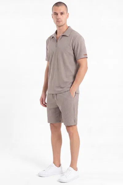 Bej Look Kumaş Yarım Fermuarlı Erkek Şortlu Takım 467645