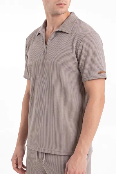 Bej Look Kumaş Yarım Fermuarlı Erkek Şortlu Takım 467645