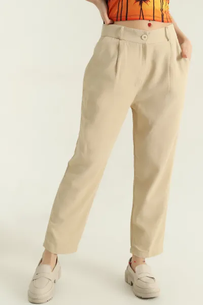 Bej Mom Cepli Bayan Keten Pantolon 336952