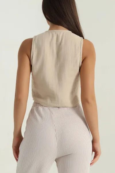 Bej Müslin Keten Düğmeli Kadın Yelek 384285
