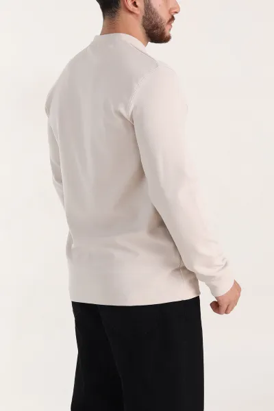 Bej Nakış Detaylı Bisiklet Yaka Erkek Sweatshirt 396256