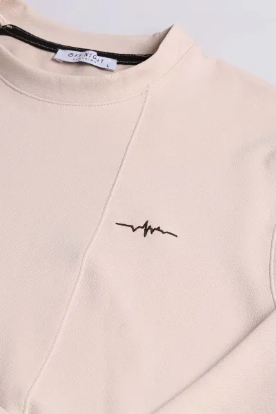 Bej Nakış Detaylı Bisiklet Yaka Erkek Sweatshirt 396256