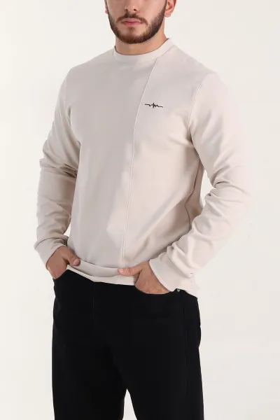 Bej Nakış Detaylı Bisiklet Yaka Erkek Sweatshirt 396256